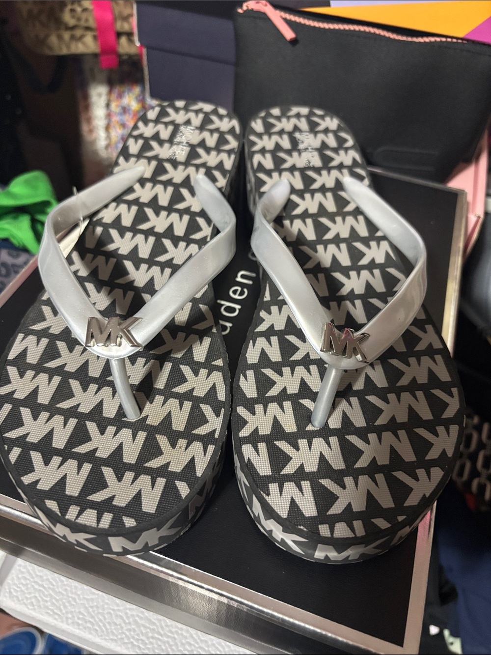 Michael Kors Black & Gray MK Logo Platform Flip Flop Sandals